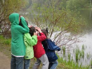 This image shows the High Park Nature Centre's program participants viewing nature through binoculars.