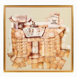 Photographic collage by British artist David Hockney (b. 1937), depicting a desk with a vase on top titled The Desk, July 1st (est. $60,000-$80,000).