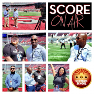 Image of Ohio Media School Sports Emphasis Program students on remote at Ohio State University Football Game