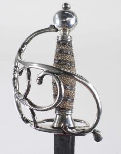 British silver basket-hilt spadroon by John Carman (England, circa 1755), featuring a silver hilt with London sterling hallmarks (est. $5,000-$7,000).
