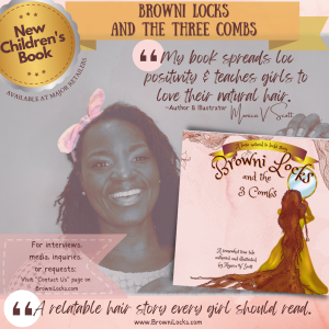 This image shows author-illustrator Monica Scott holding up a new children's book called Browni Locks and the Three Combs. The book can be used by parents to have positive conversations with their children about hair.