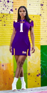 front view of the FERGO Authentic Jersey Dress in Louisiana State University Tigers - purple dress