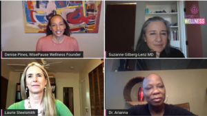 Denise Pines moderates a discussion on Women in Transition during WisePause with Drs. Suzanne Gilberg-Lenz, Laurie Steelsmith and Dr. Arianna Sholes-Douglas.