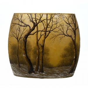 Oval signed Daum Nancy French cameo art glass vase with winter scene décor ($3,300).