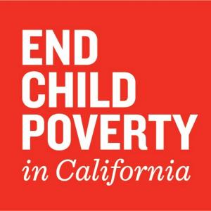 Red square with white lettering saying End Child Poverty in California
