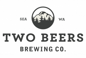 A circle with a mountain and tree line image inside centered above the words Two Beers Brewing Co.