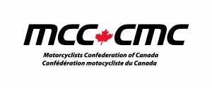 Logo for the Motorcyclists Confederation of Canada - MCC Official Logo, Black type with red maple leaf on a white background
