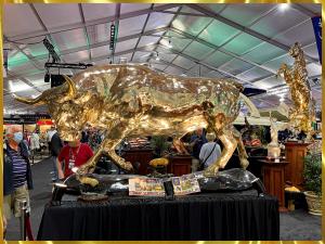 Featured Monumental Sculpture, Lorenzo's Bull, cast in bronze and polished to a mirror finish on display at the Barrett-Jackson Scottsdale Event