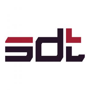SDT logo designed as text with dark purple and crimson