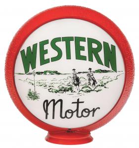 Rare and outstanding circa-1930s Western Motor Gasoline globe lens with image of cowboys riding across Southwestern desert terrain, 13.5in on original Red Ripple Gill body, 9.0/8.9+ condition. Sold within estimate for $23,370