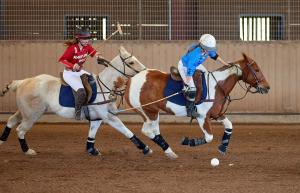two girls on horses in an arena polo game