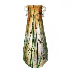 Stevens & Williams Silveria art glass vase marked by the maker, with incredible bright iridescent colors, the original applied handles and green threaded overlay.