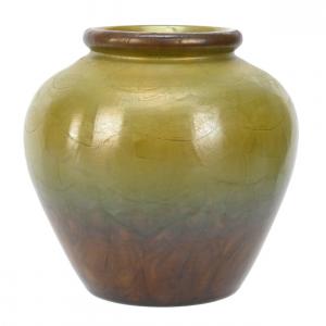 Agate glass vase signed “L. C. Tiffany-Favrile #V586, 5 ½ inches by 5 ½ inches, made from extremely rare agate and with a faint honeycomb design.