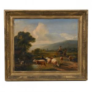 Original oil on board painting signed “B. P. Ommeganck” (for Balthazar Paul Ommeganck, 1755–1826), titled Landscape with Sheep (1814), in a gilt wooden frame.