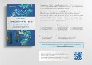 Flyer in Spanish describing the key features of the book Enriqucimiento ilícito