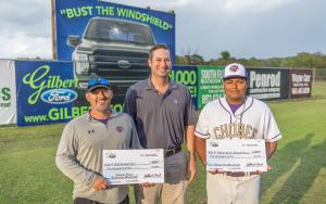 Orlando Arana of the OHS Baseball Team in Okeechobee, FL recently hit a homerun through Gilbert Ford's "Bust the Windshield" monster wall, winning a $500 college scholarship and $500 for the OHS Baseball Team. Pictured left to right in front of the monste