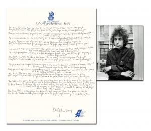 Bob Dylan’s handwritten lyrics to Mr. Tambourine Man, penned on a sheet of Ritz-Carlton Hotel stationery and signed by the singer-songwriter (est. $50,000-$60,000).