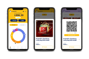 Screenshots of multi-chain asset management and NFT redemption features in KryptoGO Wallet