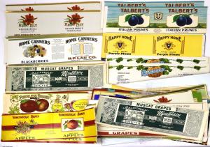 Collection of around 350 colorful labels for large cans (jams, cherries, oats, salmon, pumpkin, figs, pears, apples, macaroni, etc.) (est. $250-$400).