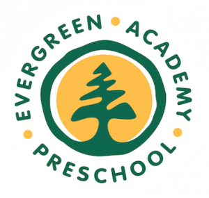 Evergreen Academy Preschool Logo, white circle with smaller yellow circle and illustrated tree encircled with text.