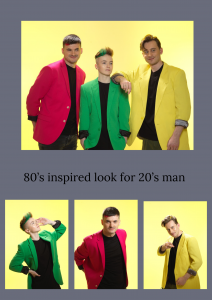 Three models in colourful blazers with 80s-inspired hairstyles that feature a splash of colour.