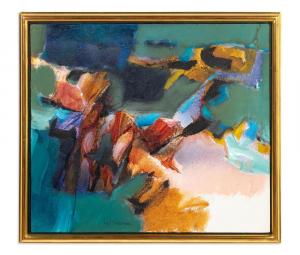 Vivid and colorful Untitled Abstract oil painting by Syd Solomon (American, 1917-2004), done in celadon, peach, rust and cobalt, signed ($20,000).