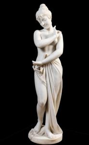 Classical early 20th century Continental School semi-nude female marble sculpture, about 45 ¼ inches tall, circa 1902-1909 ($20,000).