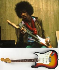 Guitar legend Jimi Hendrix’s personally owned and played 1967 Fender Sunburst Stratocaster guitar.