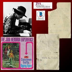 Jimi Hendrix’s handwritten working lyrics for the song Crosstown Traffic from his Electric Ladyland album. You rarely see handwritten lyrics to published songs.