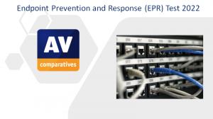 Das Bild zeigt eine Reihe von LAN-Kabeln in einer nummerierten Konsole, das Logo von AV-Comparatives und den Titel Endpoint Prevention and Response (EPR) Test