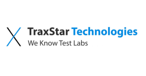 Logo in the shape of an x with one line the color black and the other the color black with the words "traxstar technologies, we know test labs"