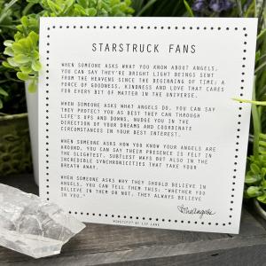 The back side of a WingTips print is displayed on a white shelf among green houseplants and a clear crystal. Printed on the back of this 5x5" art quality print is the heading: "Starstruck Fans." Body text in black, playful, capital letters reads, "When so