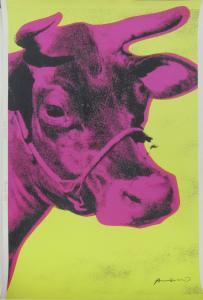 Color screenprint by Pop Art icon Andy Warhol (American, 1928-1987), depicting a pink cow on yellow ground, 46 ½ inches by 29 ¼ inches, signed (est. $8,000-$12,000).