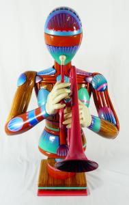 Polychrome and lacquered wood and metal sculpture by Daniel Meyer (American, b. 1945), titled The Trumpeter, 36 inches tall, with wood pedestal (est. $2,500-$3,000).