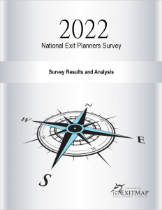 Image shows grey cover with a black and light blue compass rose with the words 2022 National Exit Planners Survey