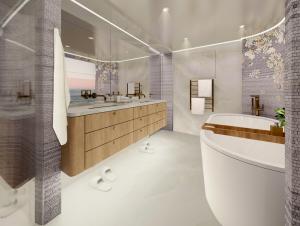 A render by interior designer Keeley Green of the luxurious spa like ensuite she has created for a luxury superyacht.