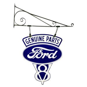 Canadian Ford V8 dealer double-sided porcelain sign from the 1930s with the original hanging bracket, vivid colors and a glossy finish (CA$15,340).