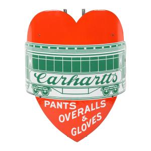 Circa 1905 Carhartt’s Overalls single-sided porcelain corner sign, graded 9, 22 inches by 18 inches, featuring a mint green car (CA$25,960).