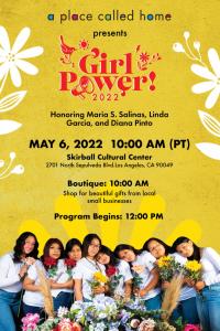 A bright yellow invitation showing the young women of the APCH GirlPower program, event logo and details