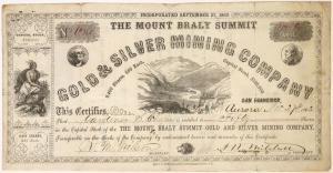 Mount Braly G & S Mining Company (Aurora, Nev.) stock certificate #1, for 50 shares, issued to Gardiner S. Chapin in 1862 ($1,000).