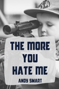 Book cover, grayscale, has young boy looking through scope of large gun