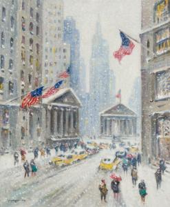 Oil on canvas by Guy Carleton Wiggins (American, 1883–1962), titled Broad St. And The Sub Treasury, signed ($112,500)