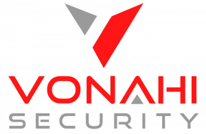 grey and red logo shaped "V" with "Vonahi Security" displayed below in all capital letters