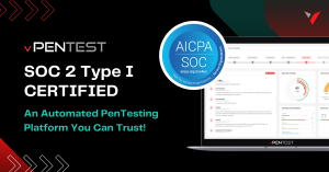 a display of the vPenTest platform overlayed with the official AICPA SOC badge