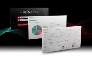 vPenTest platform with 3 screens. Displaying login screen, dashboard, and assessment info