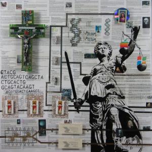collage artwork showing technology and religious symbols