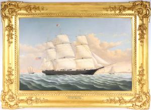 Oil on canvas maritime painting by William Bradford (1823-1892), titled Whaleship Daniel Wood.