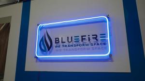 The BlueFire logo made from acrylic accentuated with LED lighting.