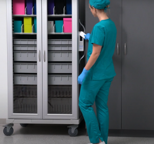 Woman using Interconnect Lock on a Roam medical supply cart