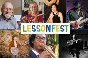 LESSONFEST participating teachers, clockwise from top left: Willem Moolenbeek, Kate Hicks, Mariko Anraku, Bear Williams, Leah Kruszewski, Ricardo Hernandez Cabrera, and Willow Osborne